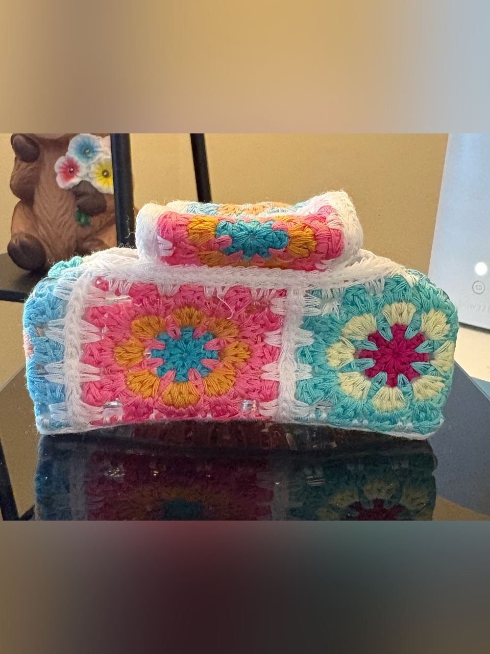 Handcrafted Crochet Hair Accessory Clip — Pink, Teal, Yellow and White.